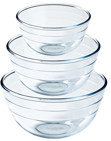 Ôcuisine® Bowl Glass Round Mixing & Prep Bowls | Extreme Resistance | Oven Safe - Freezer Safe - Microwave Safe | Borosilicate Glass | Made in France (Bowl Set of 3 (1, 2, 3LT))