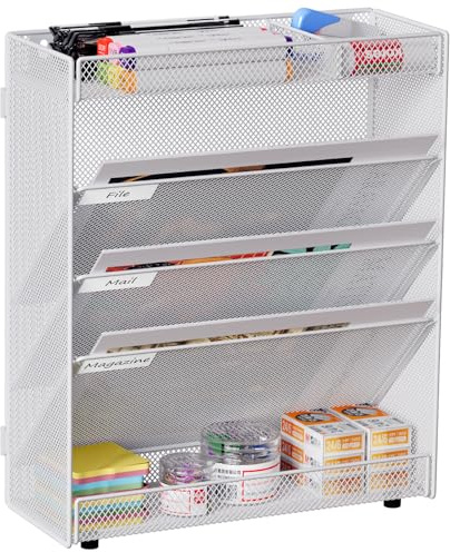 EasyPAG 5 fack sammansättning metall A4 tidskrifter hållare vägg filer dokument hylla hängande skrivbord skrivmaterial arrangör reklamställ broschyr dispenser, vit