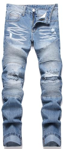 AITITIA Men's Biker Zipper Deco Washed Straight Fit Jeans, 1905 Blue, 36