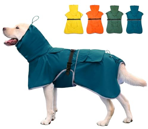 KOOGAL Waterproof Dog Raincoat Adjustable Dog Hooded Slicker Poncho Raincoat for Medium Large Dogs, Reflective Dog Rain Jacket(Blue, 5XL)