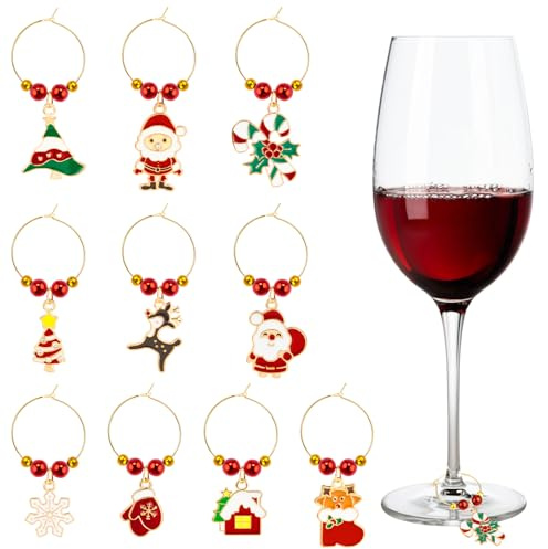 MELLIEX 10 Pezzi Natale Charms in Vetro di Vino Forma di Bicchiere da Vino Marcatori ad Anello Bevande Tag per Decorazioni per La Tavola da Bar Feste di Natale-FZ