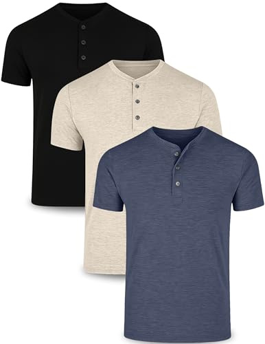 3 Pack: Casual Short Sleeve Henley Shirts for Men, Relaxed Fit Summer T Shirts Basic Tees Athleisure Wear (Set 1, Large)
