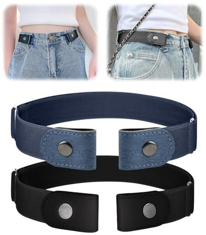 2 Pack No Buckle Belt for Men Women Free No Show Elastic Belts Adjustable Buckle Invisible Stretch Belt Waist Belt Unisex for Jeans Pants Trousers, Black and Blue