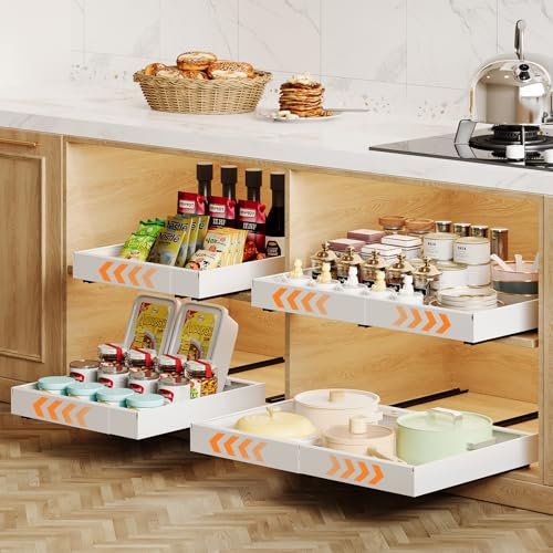 Casgee 1 Stück Teleskopschublade, Ausziehbare Schublade Küche Breite 32-52cm, Ausziehbarer Schrank Organizer mit Schienensystem, Stick Slide Out Auszug Küchenschrank für Küche Organisation, Weiß
