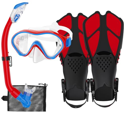 HH HHAO SPORT Kids Snorkeling Set with Fins Anti Leak Snorkeling Gear for Kids with Adjustable Flippers, Youth Junior Full Dry Snorkel Set Swimming Goggles with Nose Cover Diving Mask Scuba with Bag