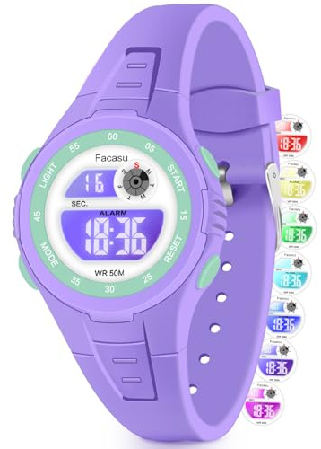 Facasu Kids Digital Watch for Boys Girls, Colorful Light 50M Waterproof Outdoor Sports Watch for Toddler Children with Stopwatch Alarm 12/24 H Functions - Kids Gifts for Boys Girls Ages 4-15(Purple)