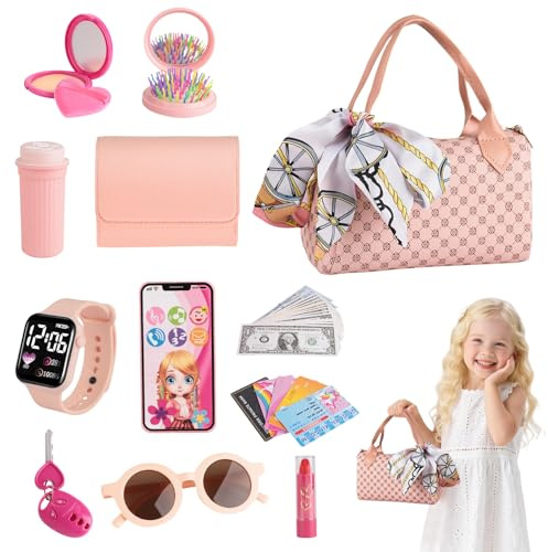 Play Handbag Set with Pretend Makeup – Cute Purse Toy for Kids with Accessories, Girls Birthday, Fun Makeup and Role Play Travel Toy Gift Presents for Toddlers Little Girls Age 3 4 5 6 7 8