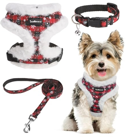 SCENEREAL Dog Christmas Harness Collar and Leash Set, Warm Fleece No Pull Puppy Vest Harnesses No Chock Adjustable Small Pet Halter for Outdoor Walking Training, Black Red Plaid XS