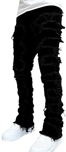 Generisk slim fit jeans herr ribbade denimbyxor slitna andningsbara jeans enfärgade tvättade stretchjeans streetwear college bikerjeans raka ben tygbyxor klassiska avslappnade herrbyxor