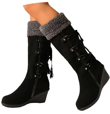 MEECHI Botas Altas con Cuello De Felpa Boots De Cuña con Cordones for Mujer Botas Largas De Ante Vintage Boots De Nieve Cálidas con Flecos for Otoño E Invierno Calzado for Exteriores(Black,42 EU)