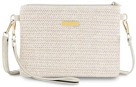 FuninCrea Straw Crossbody Bags for Women with Detachable Wrist and Shoulder Straps, Summer Cross Body Bag Women Straw Wristlets Bags Beach Crossbody Phone Bag with Zipper
