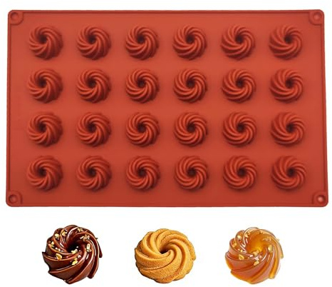 TUKEVA Gugelhupfform, silikon, chokladform, 24 hål, höjd 1,5 cm, Gugelhupfform, silikon, minigugelhup-form, med non-stick-belagd silikonbakform för kex, munkar, fondantkaka (tegelröd)