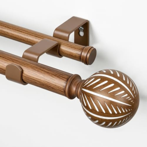 KAMANINA Wooden Double Curtain Pole, 167-304 cm Extendable Curtain Poles | Double Curtain Rod, Adjustable, Metal, Wall Mounted, Ø 25 mm, Heavy Duty, Load 15 KG, with Wood Grain Effect Leaf Finials