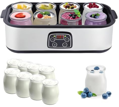 Yoghurtmaskin, Multifunktionell Yoghurtmaskin Med 8 Glasburkar, | Justerbar Temperatur Och 48H Timer, Rostfritt Stål Med Lcd-skärm, Ekologiska Hemgjorda Probiotisk Yoghurtdesserter(sliver)
