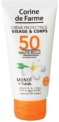 Corine de Farme - Crème Protectrice SPF50 Haute Protection UVA-UVB - Crème Solaire Visage et Corps, Sans Paraben, Résiste à l’Eau - Monoï de Tahiti - 50 ml