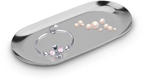 HERCHR Plateau de Rangement en Acier Inoxydable, Plateau Décoratif Ovale Porte Bijoux pour Bracelet, Boucles d'oreilles, Collier, Serviette