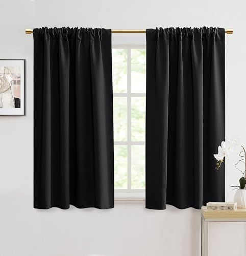 PANELSBURG 48 Inch Length Small Window Curtains for Kitchen,Thermal Insulated Room Darkening Blackout Short Curtain Drapes for Windows Bedroom Bathroom,Black
