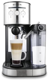 Cafetera Espresso Multifunción - Presión 15 Bares - Ideal para Café, Latte y Capuccino - Tanque de Leche 700 ml - Depósito de Agua Extraíble 1,2L - Prepara 2 Tazas - Acabado: Acero Inoxidable - Becken