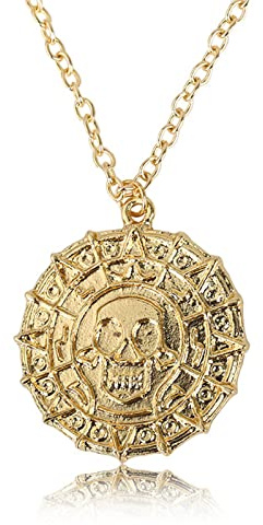 FORUBUS Collar con colgante de moneda de esqueleto pirata para mujeres y hombres, collar de cabeza de calavera caribeña para Halloween, accesorio de joyería, Latón, Metal