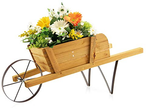 GOPLUS Blumenwagen aus Holz, Pflanzschubkarre mit Metallrad, 9 austauschbare Magnetzubehörteile, Blumenkarre Blumenkasten Pflanzenständer für Garten & Terrasse, 69,5 x 26 x 29,5 cm (Natur)