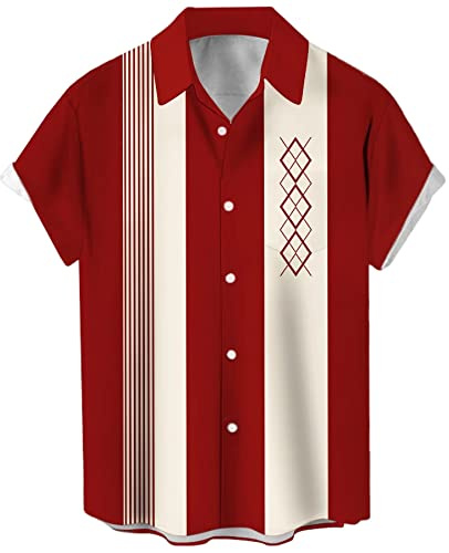 Poker- och bowlingskjorta i vintagestil för män, 1950-tal, retro, kortärmad skjorta med knäppning, Hawaii-skjorta