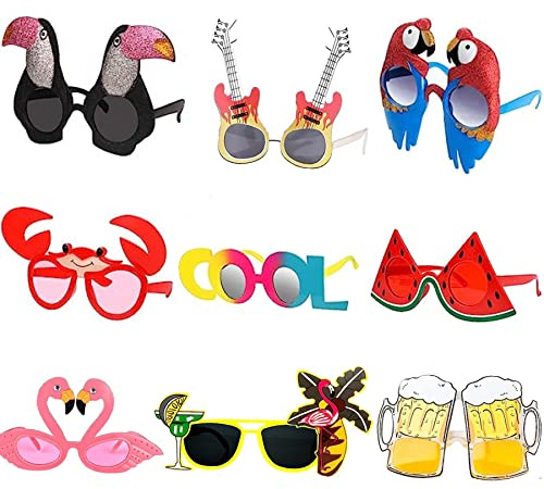 JIAJIAYI Hawaianas Fiesta Gafas,Gafas Fiesta Divertidas,Gafas de sol de Fiesta,Gafas de Sol Tropicales Hawaianas Gafas Fiesta Tropical Disfraz Gafas para Niños y Adultos (color-9 Pares)