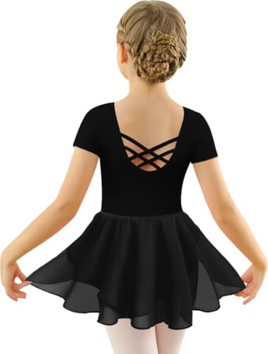Mulnall Ballettkleid Mädchen Ballett Kleid Kurzarm Langarm Criss Cross Baumwolle Balletttrikot Gymnastik Kinder Tanzbody mit Rock Tütü Kostüm Tanzbekleidung 2-12 Jahre(2140-06-L)