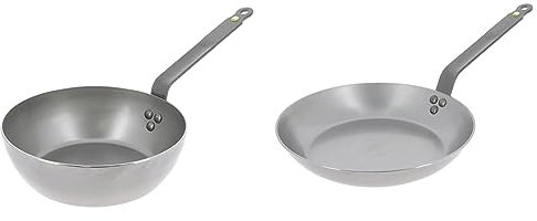 De Buyer 5614.28 'Mineral B Element' Poêle Paysanne Ronde - Revêtue de Cire d'Abeille - Tôle d'Acier Blanche, Diamètre 28 cm, Gris & 5610.26 Mineral B Element Poêle Ronde 26 cm Acier Inoxydable Argent