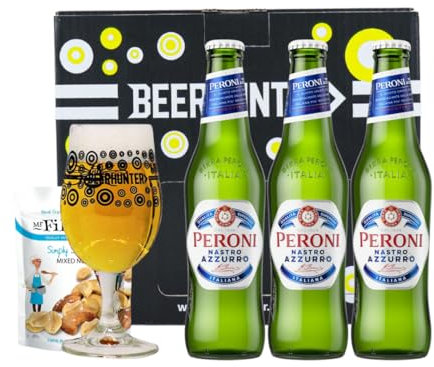 Peroni Nastro Azzurro Premium Italian Lager Gift 3 Pack With Beerhunter Glass - 3X 330ml Bottles (5% ABV) - World Beer Gifts for Men, Beers and Lagers Offers, Craft Beer Gift Set, Mens Birthday Gifts