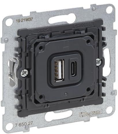 LEGRAND, SEANO 2-fach USB-Ladesteckdosen-Einsatz, 1x-Typ A und 1x Typ-C Ladestrom: 3 A bei 5 V bei einem Gerät, 1,5A bei gleichzeitigem Laden, 765027