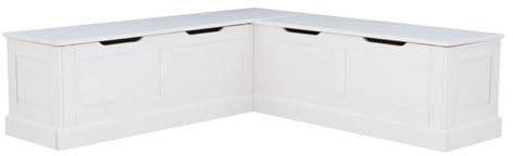 Pemberly Row Backless Wood Corner Breakfast Nook with Storage, White Finish, Solid Pine Construction, Hidden Storage, 62.4 W x 16.5 D x 18.2 H, Cottage Farmhouse Style Kitchen Seating