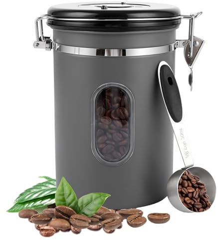 FWEEK Kaffeedose Luftdicht aus Edelstahl 1,8L, Kaffeebhnen Behälter mit edelstahl köffel, Vakuum Kaffeedose mit Transparentem Fenster für Tee Nüsse Kakao Länger und Frisch Bleiben
