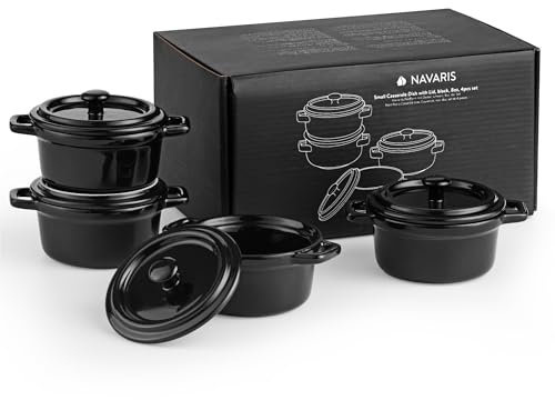 Navaris Set 4 Cocotte Monoporzione da Forno - Piccole Pirofile Rotonde con Coperchio Ø 10,8cm - Terrine in Grés Porcellanato - Mini Cocotte Impilabili per Porzioni Singole - Nero