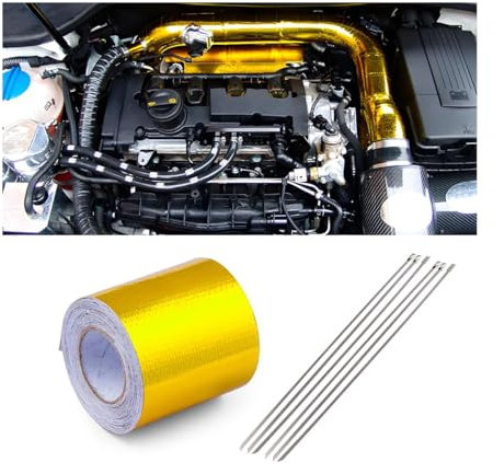 Gold Adhesive Backed Heat Barrier Tape, 2 x 16.4' (5M) Heat Shield Reflective Tape Wrap Roll, Aluminum Foil High-Temperature Insulation Roll for Car Intake Pipe, Engine Bay etc. (2 x 16.4')