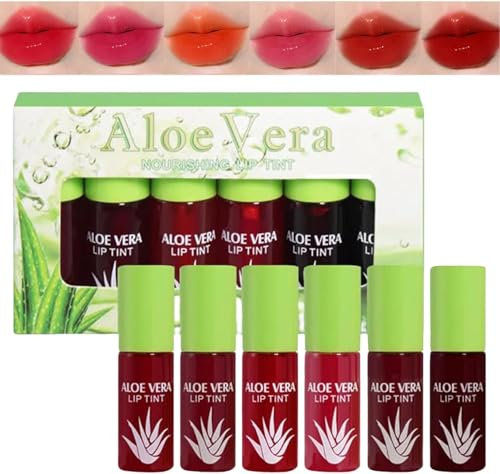 Aloe Vera Nourishing Lip Tint Set, Red-Pink Shades 6-Colour, Lip Tint Stain Set, Mini Liquid Water Tint, Moisturizing Lip Gloss, Multi-Use Lip, Lip Stain for Women(6PCS)
