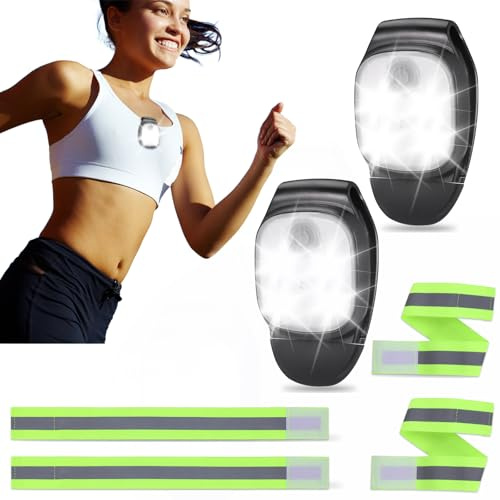 JIZZU 4 Pezzi Luce per Corsa Notturna,4 Modalità Ultra-luminoso Lampada a LED con Clip, Torcia Frontale LED Ricaricabile USB con Nastro Riflettente per Running, Trekking, Bici, Uscite con il Cane
