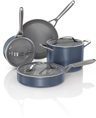 Ninja NeverStick Ceramic Pro 7-Piece Cookware Set, Non-Stick Pots, Pans, Glass Lids, Ceramic Coated, Stainless Steel, Stove to Oven Safe, All Stovetops & Induction Compatible, Midnight Blue, CW39007MM