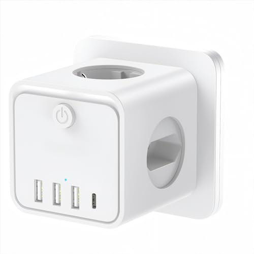 Cubo Enchufe 7 en 1,Ladron Enchufes Múltiple con 2 Europea y 1 Toma Schuko CA Regleta con 4 USB, Cubo Enchufe Multiple Pared con Interruptor, Enchufe USB para Oficina, Cocina y Habitación