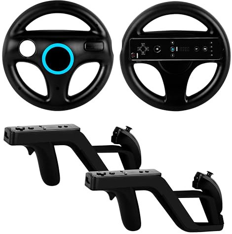 DTianSir 4Pcs Mario Kart Steering Wheels and Zapper Light Gun Compatible with Nintendo Wii/Wii U Remote Controller(Black)