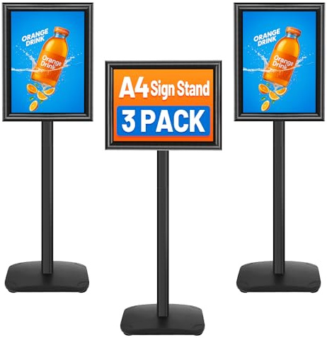 VAIIGO 3 Stück Infoständer DIN A4, Schwerlast Plakatständer mit robustem Standfuß, Bodenstehender Kundenstopper & Werbeständer, Drehbarer Poster- & Schildständer für Werbung, Menü, Empfang, Schwarz