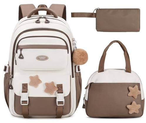 Amythe Schulranzen Mädchen Set, 3-teilig Lässig Rucksack für Mädchen 2. bis 5. Klasse mit Lunchpaket Mäppchen, Mehrere Fächer Schulrucksack Teenager, Kinder Schultasche, Braun