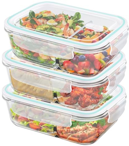 Mapille 3 Piezas Tupper cristal hermetico,1040ml Cajas Bento Calidad Alimentaria,con 2 Compartimentos y Tapa,Envases de Vidrio Herméticos,Apto para lavavajillas,Microondas y congelador