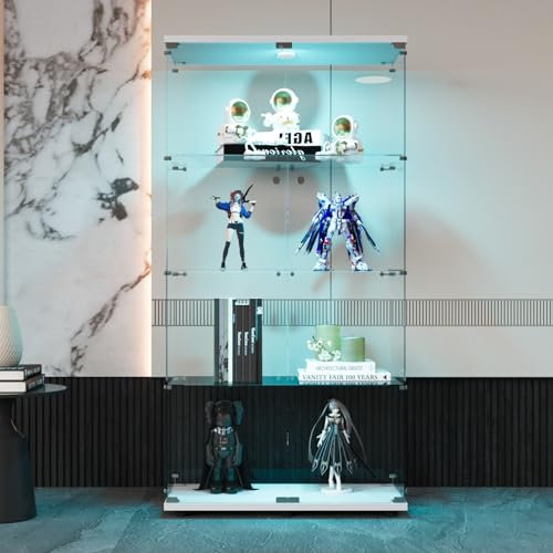 EABYMOR Glasvitrine Standvitrine, Vitrinenschrank LED Beleuchtung mit Schloss und 2 Türen 4 Fächern Vitrine mit Glas Sammlervitrine LED für Sammlerstücke, Modelle, Spielzeug (Weiß, 2 Türen)