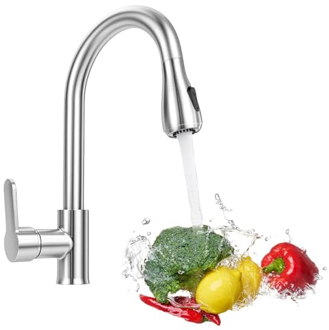 Grifo de cocina, grifo de cocina de alta presión con alcachofa extraíble, grifo de fregadero, tres modos de ducha (NO calentador de agua eléctrico)