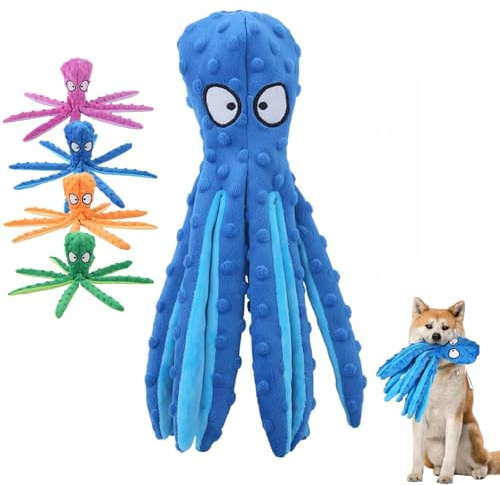 Whiskerspot Octopus Hundespielzeug, keine Füllung, quietschend, interaktives Spielspielzeug mit Knisterpapier, umweltfreundlich, Oktopus, Plüsch für Hunde, Zahnreinigung & langlebig für Welpen (blau)