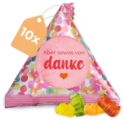 Fruchtgummi Bärchen 10er Pack à 15g – Aber sowas von danke – leckere Trolli Gummibärchen-Tetraeder mit 10% Fruchtsaft – perfektes Dankeschön, Give-away, Gastgeschenk oder Mitgebsel für jeden Anlass