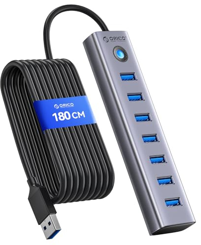 ORICO 7-portars USB 3.0-hub, aluminium multiportadapter med 180 cm kabel, 5 Gbps dataöverföring, 5 V 3 A Type-C-port, splitter för PC, bärbar dator, MacBook, PS4, Surface Pro, Mobile HDD