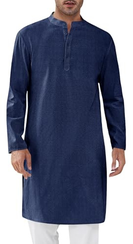 Runcati Mens Kaftan Thobe Textured Henley Shirt Long Sleeve Robe Casual Muslim Gown Shirt Navy