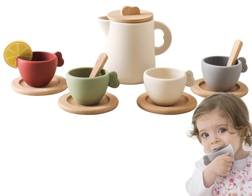 Teservis i trä - Princess Tea Party-set i trä för små flickor, låtsasspela Tea Time-leksak, rollspel för barn, söta miniatyrkoppar och tekanna, pedagogisk fantasifull lekgåva