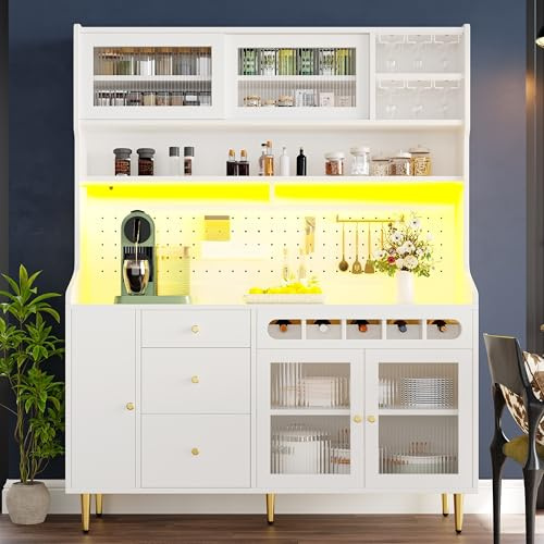 Fppuueg Alacena de Cocina Armario Alto Cocina con Iluminación LED y USB, Mueble Auxiliar de Comedor con Botellero y Cajones, Aparadores Salon, Buffet Comoda, 145x39x171 cm, Blanco